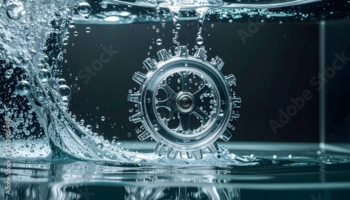 Mechanical gear submerged in water with bubbles