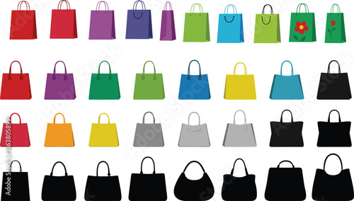 Shopping bag collection, colorful designs, silhouette styles, handle variations, retail icons, fashion packaging, decorative bags, product display elements