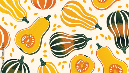 Pattern of yellow squash and gourds with seeds
