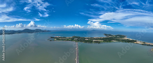 Aerial shot of Liandao Road, Fengche Island, Shigongliao, Honghai Bay, Shanwei City