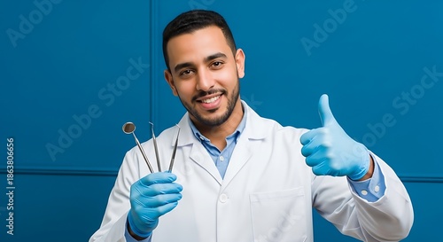 Smiling male dentist wearing blue medical gloves and a white coat holding dental instruments and showing a thumbs up.