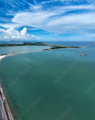 Aerial shot of Liandao Road, Fengche Island, Shigongliao, Honghai Bay, Shanwei City