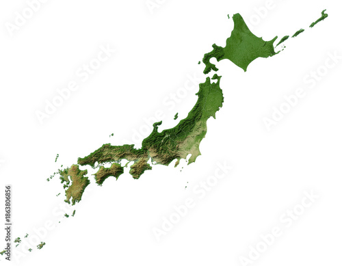Green shaded japan island map with detailed topography and coastal contours