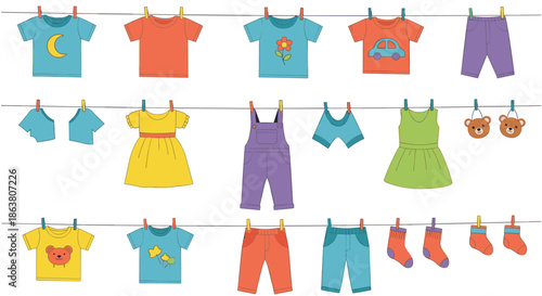 Cute assortment of colorful baby clothes including t-shirts, dresses, and socks hanging on a laundry line for nursery and parenting themes.