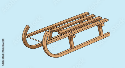 Traditional wooden sled with a simple design and curved runners set against a solid light blue background for winter sport themes.