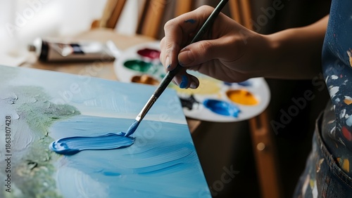 Close-up of an artist’s hands painting on canvas with a brush, showing detailed brush strokes and vibrant colors in a creative workspace.