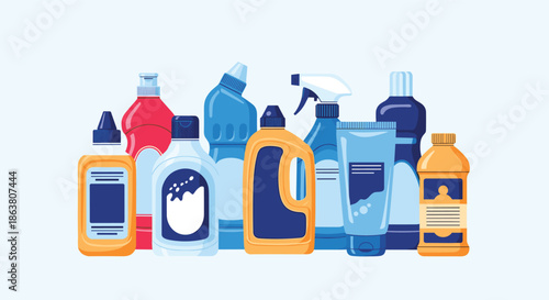 Group of various colorful cleaning product bottles including sprays, gels, and detergents for household maintenance and hygiene themes.