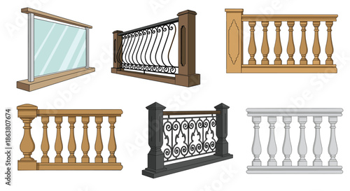 Collection of architectural railings and balustrades featuring glass panels and intricate metal or wooden designs for balconies and stairs.