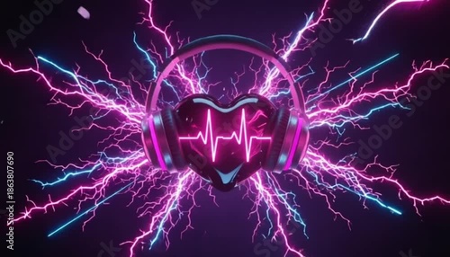 A dark purple glass heart with large over-ear headphones and a bright neon cardiogram line, powerful electrical surges and plasma arcs flying outward. A video banner for K-pop music concerts