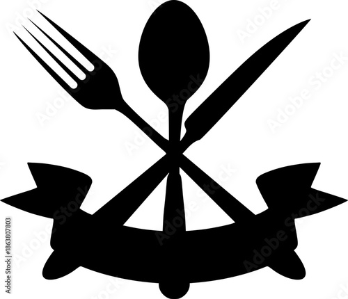 Restaurant Cutlery Emblem - Black Silhouette of Fork, Spoon, and Knife with Ribbon Banner