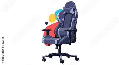 Ergonomic professional gaming chair in shades of blue and gray with headrest and lumbar support on an abstract background.
