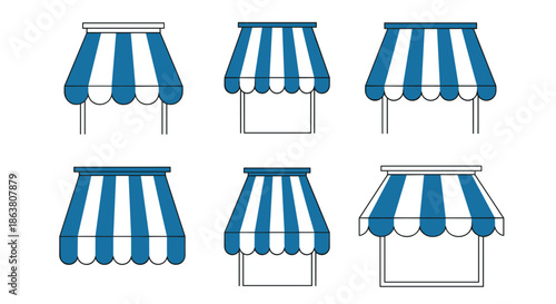 Set of six blue and white striped storefront awnings in various shapes and frames for shops and cafes on a white background.