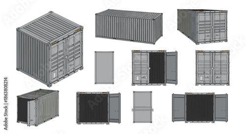 Collection of gray metal shipping containers shown from various angles and with open or closed doors for logistics and cargo.