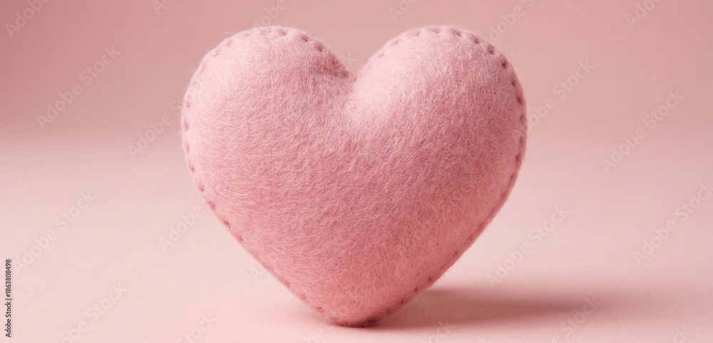 Obraz premium Pink felt heart handmade close up on pink background banner . Copy space. Valentine's day symbol, love, romantic.
