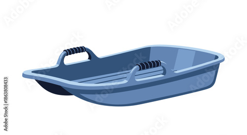 Modern blue plastic sledge with black handles designed for fast downhill snow sliding during winter outdoor activities.