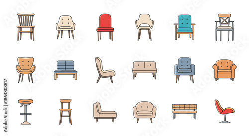 Diverse set of various chairs, armchairs, sofas, and benches in different styles and colors for interior furniture layouts.