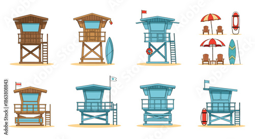 Collection of lifeguard towers, beach chairs, umbrellas, and surfboards for coastal safety and summer vacation themes.