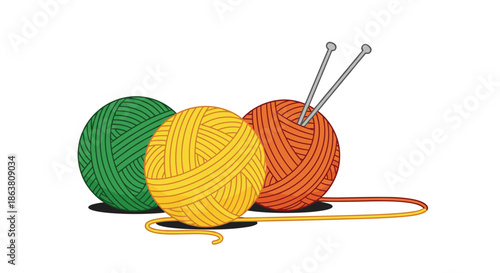 Three balls of colorful yarn in green, yellow, and orange with two knitting needles stuck in one of them.