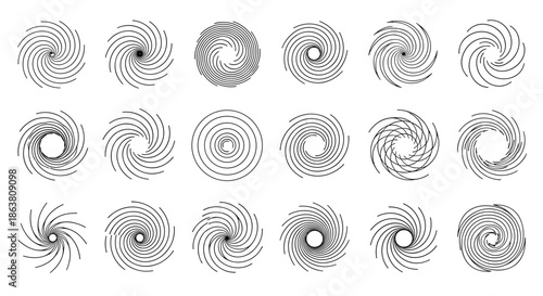 Collection of diverse spiral, vortex, and swirl geometric line patterns in black for graphic design and abstract backgrounds.