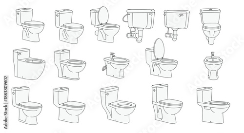Comprehensive collection of various toilet and bidet designs in minimalist line art style for bathroom renovation and plumbing planning.