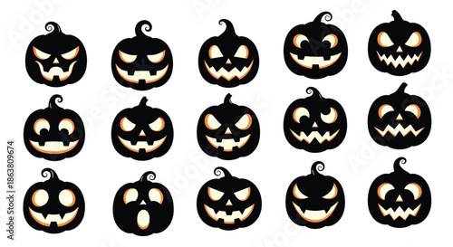 Various spooky and funny black pumpkin silhouettes with glowing orange eyes and mouths for Halloween holiday decoration and party designs.