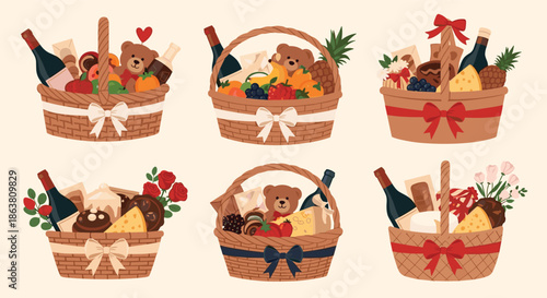 Assortment of beautifully arranged gift baskets containing wine, fruits, teddy bears, and snacks for holiday and special occasion gifting.