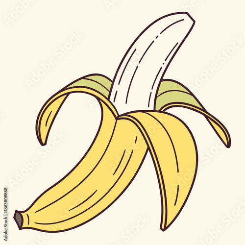 A simple illustration of a partially peeled banana on a plain background
