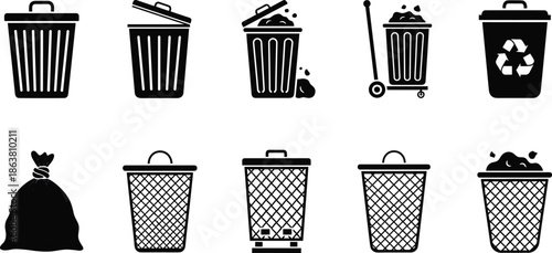 Trash Bin and Waste Management Icon Set with Garbage and Recycling Symbols Vector