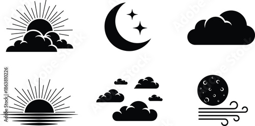 Weather and Sky Silhouette Icon Set with Sun Moon Clouds and Wind Vector