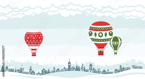 Whimsical winter scene with folk-art style hot air balloons flying over a snowy, stylized town skyline illustration.