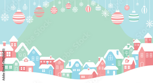 Pastel-colored Christmas village background with snowy houses, hanging ornaments, and snowflakes for a gentle holiday feel.