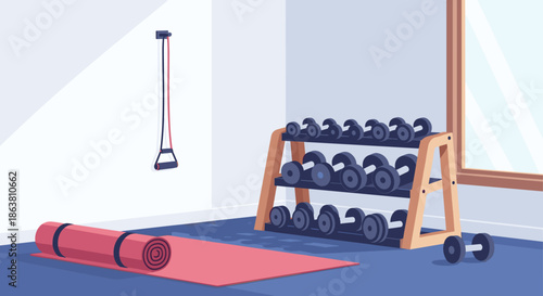 Home gym interior for fitness and wellness, featuring a dumbbell rack, exercise mat, and resistance training gear.