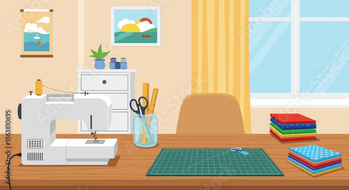 Sewing and craft room workspace with a sewing machine, fabrics, scissors, and other tailoring tools on a desk.
