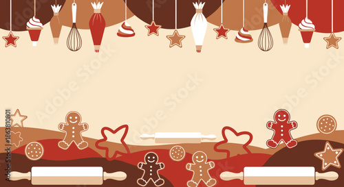 Christmas baking background with gingerbread men, cookie cutters, rolling pins, and other festive pastry tools.