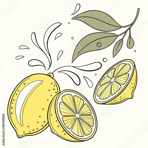Freshly squeezed lemons with leaves splashing juice in a vibrant illustration