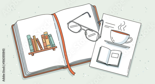 Open notebook with charming doodles about reading, with a pair of glasses resting on the page and a cup of coffee.