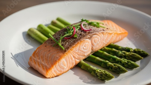 Wallpaper Mural Delicious salmon fillet atop a bed of asparagus on a white plate, garnished elegantly Torontodigital.ca