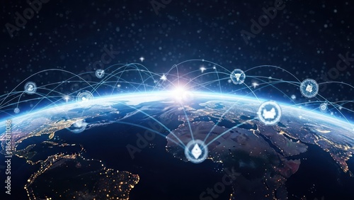 Wallpaper Mural Earth globe with connected icons, symbolizing global network and data flow over a dark starry sky Torontodigital.ca