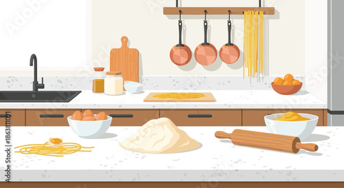 Kitchen scene with all the necessary ingredients and tools for making homemade pasta from scratch on a countertop.