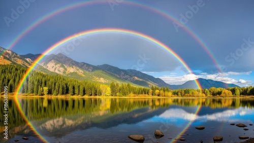 Wallpaper Mural Double rainbow arcs over still lake, mountains & fall foliage in landscape Torontodigital.ca