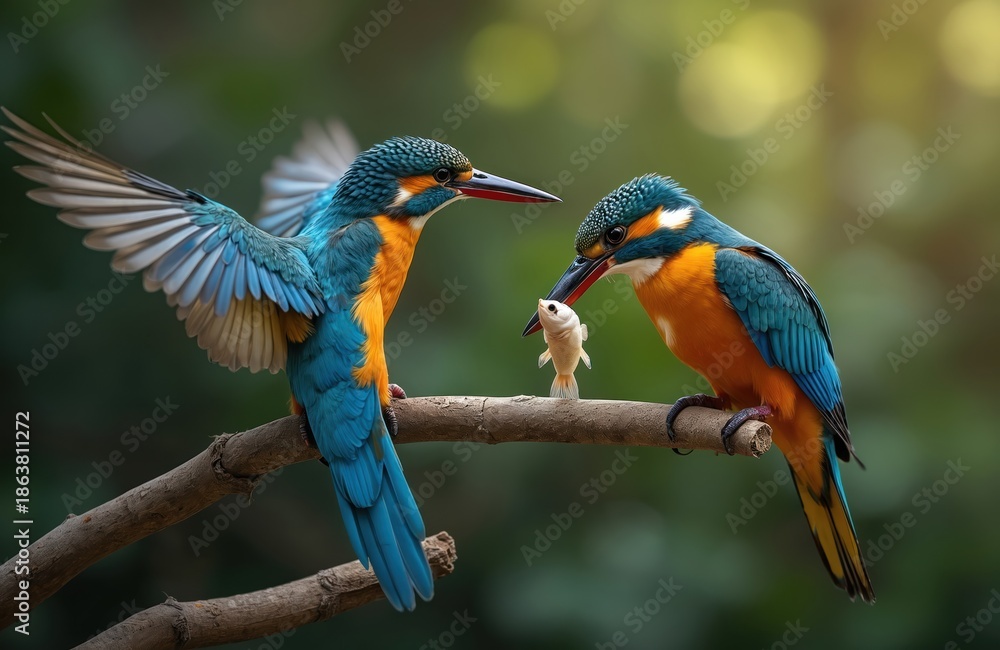 Fototapeta premium Two kingfisher birds perch on a branch. One bird offers a small fish to another bird. The birds have vibrant blue and orange feathers. They are in a natural outdoor setting with green foliage.