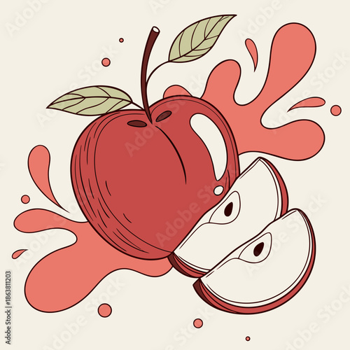 A vibrant red apple with green leaves splashing juice beside sliced segments