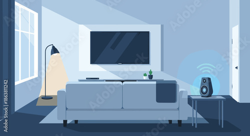 A modern, minimalist living room at night featuring smart home technology, with a voice-activated smart speaker emitting a wireless signal and ambient lighting.