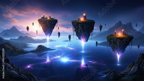 Wallpaper Mural Fantasy landscape Floating islands with glowing lights above water, sunset sky Torontodigital.ca