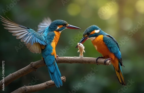Two kingfisher birds perch on a branch. One bird offers a small fish to another bird. The birds have vibrant blue and orange feathers. They are in a natural outdoor setting with green foliage. © Viktor