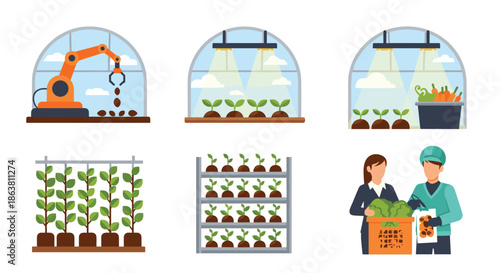 Modern greenhouse and vertical farming illustrations, featuring automated robotic arms, hydroponic systems with grow lights, and people harvesting fresh vegetables.