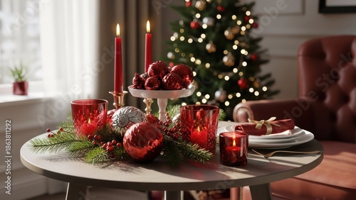 Wallpaper Mural Festive Christmas table setting with candles, ornaments, greenery, and tree in the background Torontodigital.ca