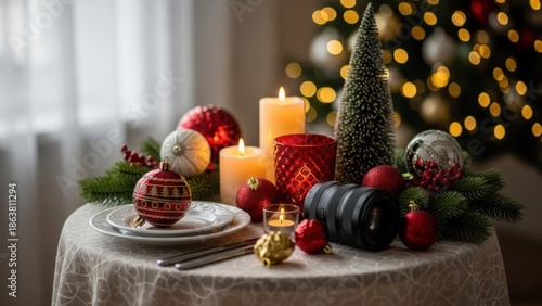 Wallpaper Mural Festive Christmas table setting with ornaments, candles, greenery, and lens; bokeh background Torontodigital.ca