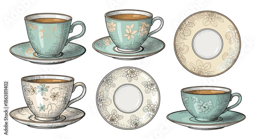 Collection of elegant vintage porcelain teacups and saucers with floral patterns, shown from different angles in a detailed, hand-drawn, engraved illustration style.