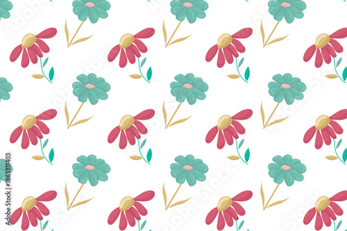 Seamless floral pattern featuring vibrant red and turquoise flowers on a clean white background. Modern hand-drawn botanical illustration for decor.